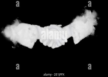 La forme cloud de la vision du contrat par les professionnels qui se secouent la main sur fond noir. Idéal pour la composition. Banque D'Images