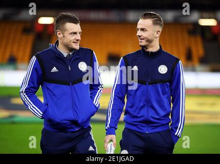 Photo du dossier datée du 14-02-2020, de James Maddison (à droite) et Jamie Vardy, de Leicester City. Banque D'Images