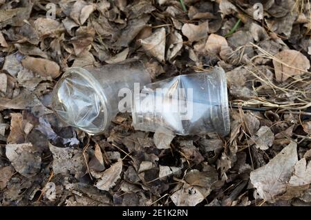 Deux tasses en plastique jetées sur les ordures sur les feuilles d'automne Banque D'Images