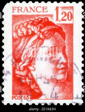 Saint-Pétersbourg, Russie - 27 septembre 2020 : timbre imprimé en France avec l'image de la Sabine, vers 1978 Banque D'Images
