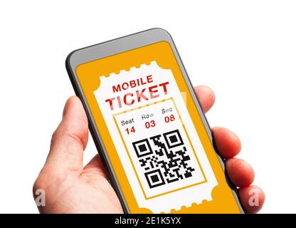 Main tenant un smartphone avec billet d'événement numérique. Banque D'Images