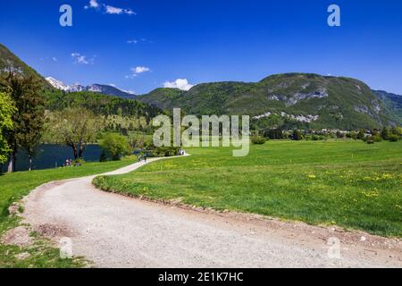 Été haut en couleurs sur le village de Stara Fuzina parc national Triglav en Slovénie, les Alpes Juliennes, l'Europe. Banque D'Images