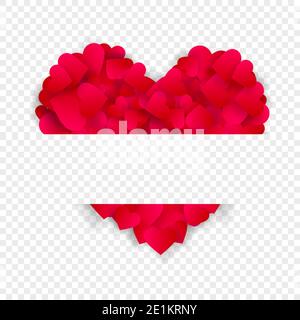 Cadre de coeur vecteur amour bordure arrière-plan avec grand coeur rouge en confetti ou pétales avec espace de copie horizontal isolé sur fond transparent. Banque D'Images