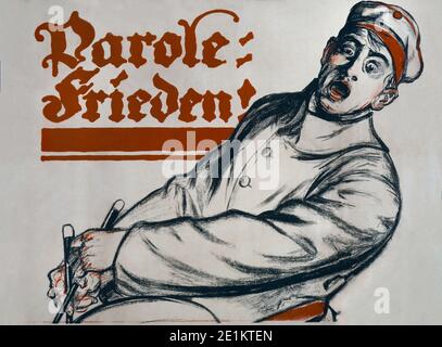 Libération conditionnelle: Frieden! Affiche montrant un batteur en criant uniforme. Texte: Mot de passe: Paix! 1918 Banque D'Images