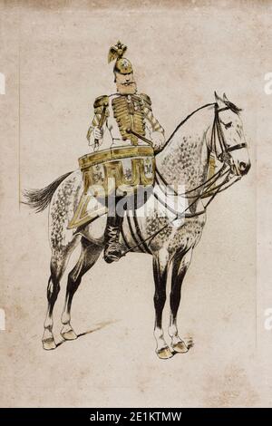 Le 19ème siècle de gravures en couleur d'un cuirassier à cheval électrique batteur, xixe s., Banque D'Images