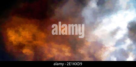 Formation de nuages abstraits, dans les couleurs du noir, du blanc, du gris, du rouge, de l'orange et du bleu. Banque D'Images