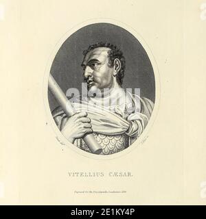 Aulus Vitellius (24 septembre 15 – 22 décembre AD 69) a été empereur romain pendant huit mois, du 16 avril au 22 décembre 69 AD. Vitellius a été proclamé empereur après la succession rapide des anciens empereurs Galba et Otho, dans une année de guerre civile connue sous le nom d'année des quatre Empereurs. Vitellius a été le premier à ajouter le cognomen germanicus honorifique à son nom au lieu de César lors de son adhésion. Comme son prédécesseur direct, Otho, Vitellius a tenté de rallier le soutien public à sa cause en honorant et en imitant Nero qui est resté largement populaire dans l'empire. Gravure sur plaque en coperplate Banque D'Images