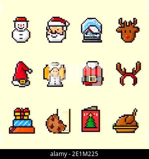 ensemble d'icônes pixel art sur le thème de l'hiver Banque D'Images