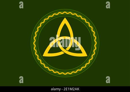 Triquetra de couleur jaune, nœud triangle celtique, à l'intérieur d'un cadre de cercle vert, avec une ligne en serpentin orange, sur du vert mousse. Nœud triangulaire. Banque D'Images