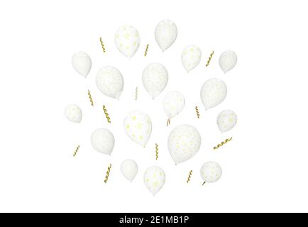 beaucoup de ballons d'étoiles blanches volant isolé sur blanc, rendu 3d Banque D'Images
