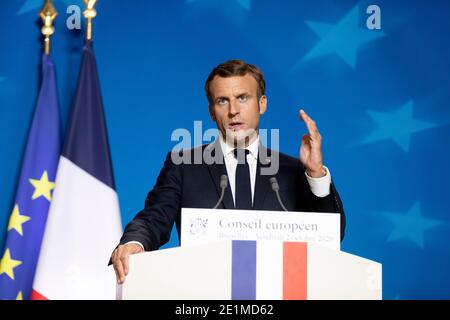 Belgique, Bruxelles, le 2 octobre 2020 : le président français Emmanuel Macron lors de son discours lors de la réunion spéciale du Conseil européen Banque D'Images