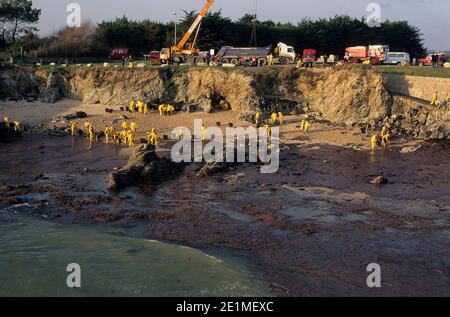 Déversement de pétrole causé par le naufrage du pétrolier Erika : nettoyage des plages et de la zone côtière du Croisic (nord-ouest de la France), le 11 janvier 200 Banque D'Images