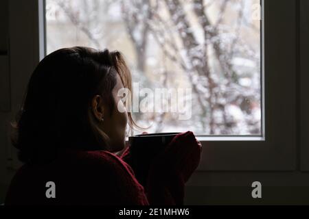 Jeune femme soufflant sur un café chaud ou une tasse de thé regardant par la fenêtre dans une journée d'hiver enneigée. Concept confortable à la maison. Banque D'Images