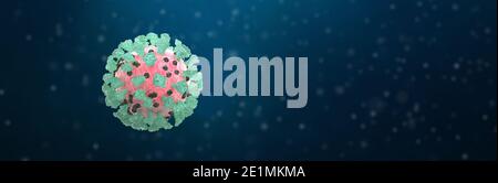 Coronavirus, Covid-19, illustration d'image 3d. Format Web de bannière. Vue microscopique des cellules virales flottantes. Grippe, grippe 2019-ncov. Concept d'un pand Banque D'Images