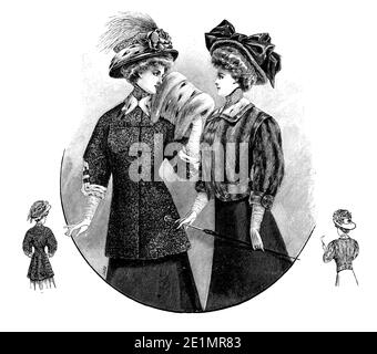 Dames Fashion 1907, longues et élégantes lignes avec corset pour obtenir une silhouette étroite, la poitrine complète et les hanches courbes, complété par des chapeaux larges et Gibson fille coiffure, frontal et vue arrière Banque D'Images