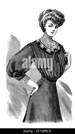 Dames Fashion 1907, longues et élégantes lignes avec corset pour obtenir une silhouette étroite, la poitrine complète et les hanches courbes, complété par la coiffure Gibson fille Banque D'Images