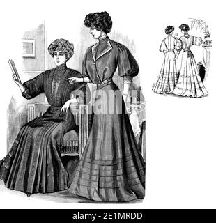 Dames Fashion 1907, longues et élégantes lignes avec corset pour obtenir une silhouette étroite, la poitrine complète et les hanches courbes, complété par la coiffure Gibson fille, la vue frontale et de dos Banque D'Images