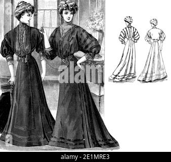 Dames Fashion 1907, longues et élégantes lignes avec corset pour obtenir une silhouette étroite, la poitrine complète et les hanches courbes, complété par la coiffure Gibson fille, la vue frontale et de dos Banque D'Images