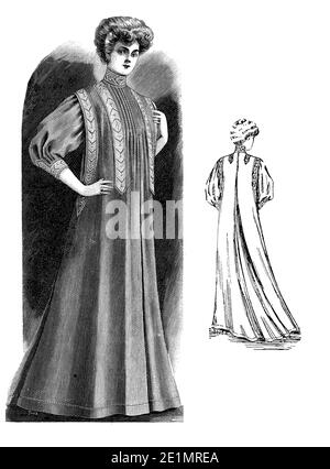 Dames Fashion 1907, longues et élégantes lignes pour la robe de chambre d'intérieur, complété avec Gibson fille coiffure, vue frontale et arrière Banque D'Images