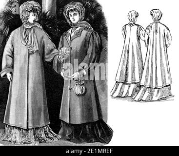 Dames Fashion 1907, des lignes longues, élégantes et minces pour obtenir une silhouette féminine également lors du port d'un manteau, complété avec une tête de foulard et Gibson fille coiffure, frontal et vue arrière Banque D'Images