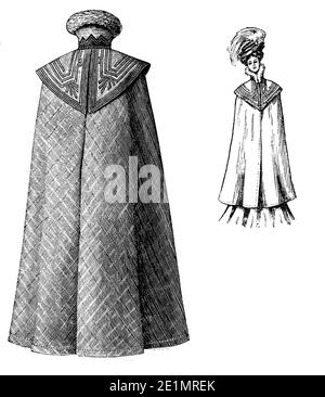 Dames Fashion 1907, longues et élégantes lignes pour un manteau élaboré, vue frontale et arrière, complété par chapeau et Gibson fille hairstyle Banque D'Images