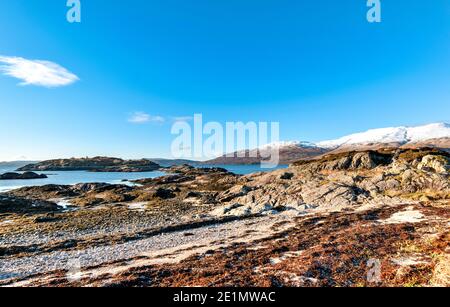 ÉCOSSE WEST COAST HIGHLANDS KINTAIL SANDAIG ISLANDS ALGUES COUVERTES DE SABLE PLAGE AUX RAYONS DU SOLEIL À MARÉE BASSE Banque D'Images