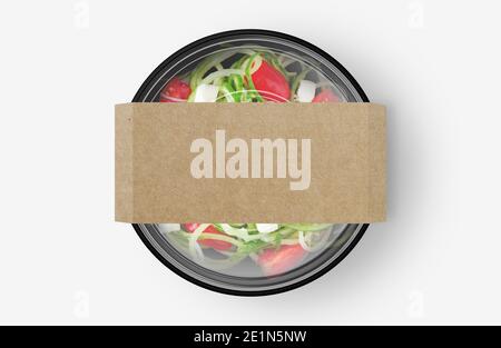 Assiette à salade au fromage avec couvercle autocollant maquette vue de dessus Banque D'Images