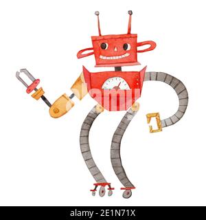 Aquarelle Rouge amical et caractère avec deux antennes. Illustration Kiddish de dessin animé. Banque D'Images