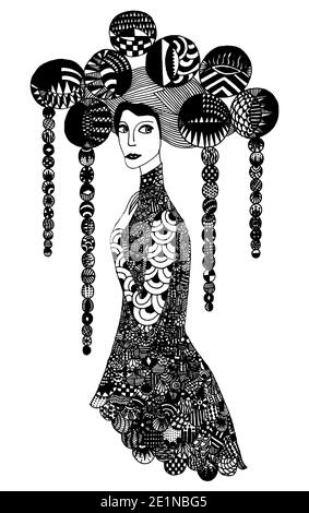 Dessin abstrait noir et blanc de la femme avec très difficile coiffure Banque D'Images
