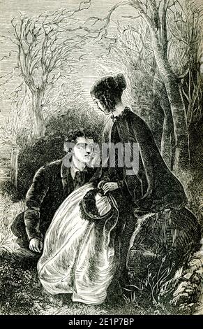 La légende de cette illustration de la fin du XIXe siècle du roman Felix Holt de George Eliot se lit comme suit : « vous êtes très beau ». Felix Holt, The radical (1866) est un roman social écrit par George Eliot au sujet des conflits politiques dans une petite ville anglaise au moment de la première réforme de l'Acte de 1832. En janvier 1868, Eliot a écrit un article intitulé «adresse aux travailleurs, par Felix Holt». Mary Ann Evans (1819-1880), connue sous le nom de plume George Eliot, était romancière, poète, journaliste, traductrice et l'un des plus grands écrivains de l'époque victorienne. Elle a écrit sept romans, Adam Bede, le Moulin sur le Banque D'Images