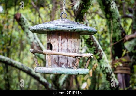 Cabane à oiseaux ronde en bois, recouverte de lichen. Banque D'Images