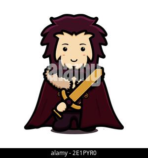 Mignon roi mascotte personnage porter le manteau et tenant l'épée dorée dessin animé illustration d'icône vectorielle. Conception isolée sur blanc. Style dessin animé plat. Banque D'Images
