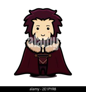 Mignon roi mascotte personnage porter le manteau et dessin animé vecteur icône illustration. Conception isolée sur blanc. Style dessin animé plat. Banque D'Images