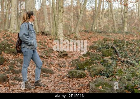 Belle femme regardant l'horizon de façon pensive et marchant dans la forêt automnale étonnante. Banque D'Images