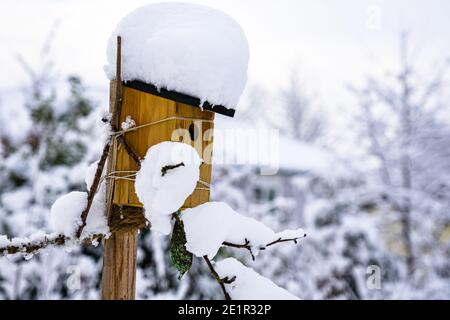 Une épaisse couche de neige sur le toit d'une cabane à oiseaux Banque D'Images