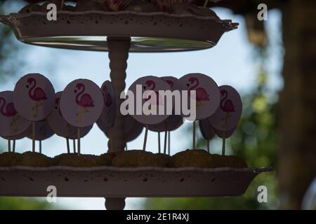 Gros plan de bonbons faits maison avec des bâtons de flamants roses sur un présentoir à gâteaux, concept de fête, bonbons pour la fête d'anniversaire Banque D'Images