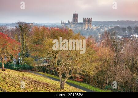 Vue panoramique sur la cathédrale de Durham lors d'une soirée d'hiver au parc Wharton. Comté de Durham, Angleterre, Royaume-Uni. Banque D'Images