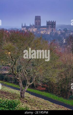 Vue panoramique sur la cathédrale de Durham lors d'une soirée d'hiver au parc Wharton. Comté de Durham, Angleterre, Royaume-Uni. Banque D'Images