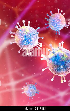 Vue microscopique du coronavirus, un agent pathogène qui attaque les voies respiratoires. Covid-19. Analyse et test, rendu 3d. Infection virale. Propagation Banque D'Images