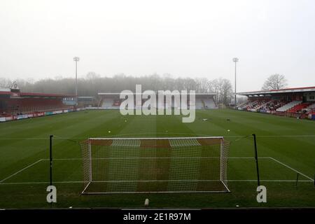 Vue générale des stands vides à l'intérieur du stade Lamex, avant le troisième tour de la coupe Emirates FA au stade Lamex, Stevenage. Banque D'Images