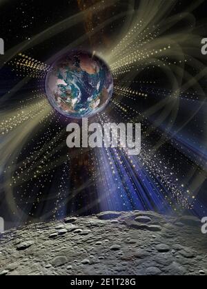 Lumière futuriste brillante autour de la planète Terre depuis la surface de la Lune. Collage SCI fi, éléments de cette image fournis par la NASA. Banque D'Images