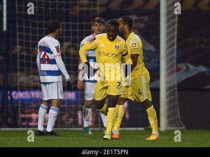 Londres, Royaume-Uni. 09e janvier 2021. Neeskens Kebano de Fulham célèbre le deuxième but du match de sa partie lors du match de la coupe FA au Kiyan Prince Foundation Stadium, Londres photo de Daniel Hambury/Focus Images/Sipa USA 09/01/2021 crédit: SIPA USA/Alay Live News Banque D'Images