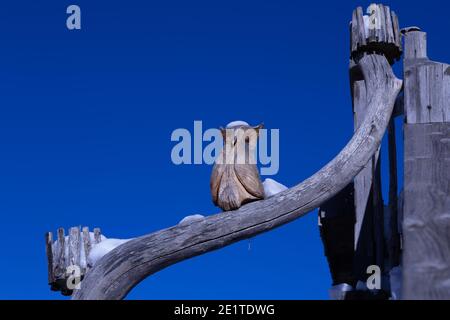 Hibou sculpté dans le bois dans un chalet de montagne Banque D'Images