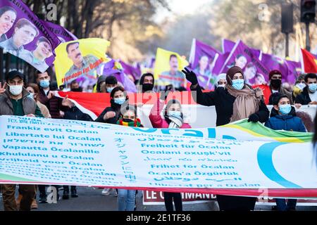 Paris, France. 09e janvier 2021. Mars en hommage à Sakine Cansiz, Fidan Dogan et Leyla Soylemez, trois militants kurdes assassinés à Paris en janvier 2013, à Paris, en France, le 09 janvier 2021. Les manifestants dénoncent l'impunité pour ces crimes et leur parrain, disent le président turc Erdogan. Photo par Pierrick Villette/avenir Pictures/ABACAPRESS.COM crédit: Abaca Press/Alay Live News Banque D'Images