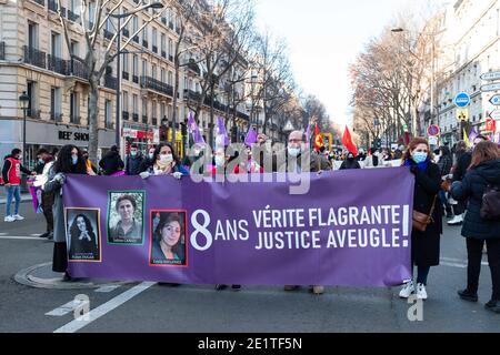 Paris, France. 09e janvier 2021. Mars en hommage à Sakine Cansiz, Fidan Dogan et Leyla Soylemez, trois militants kurdes assassinés à Paris en janvier 2013, à Paris, en France, le 09 janvier 2021. Les manifestants dénoncent l'impunité pour ces crimes et leur parrain, disent le président turc Erdogan. Photo par Pierrick Villette/avenir Pictures/ABACAPRESS.COM crédit: Abaca Press/Alay Live News Banque D'Images