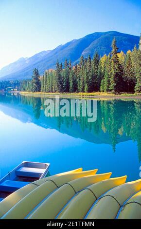 Location de canoës sur la rivière Bow à Banff, Alberta, Canada Banque D'Images