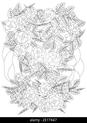 Page de coloriage pour adulte. Couronne de fleurs de roses. Usines de tissage Banque D'Images