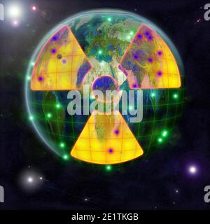 Un signe jaune de danger radioactif avec des épicentres de contamination radioactive sur fond de globe dans l'espace. Illustration 3D Banque D'Images