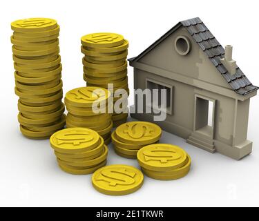 Acheter une propriété. Symbole de la maison et piles de pièces d'or avec symbole du dollar américain sur une surface blanche. Illustration 3D Banque D'Images