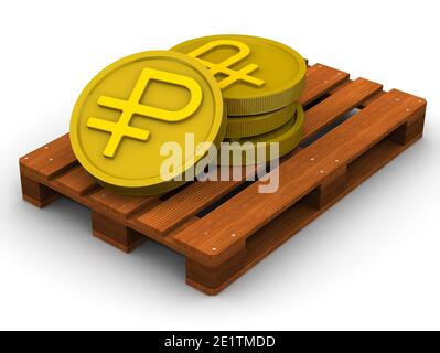 Roubles russes sur la palette. Pièces d'or avec le symbole de la devise russe sur la palette. Illustration 3D Banque D'Images